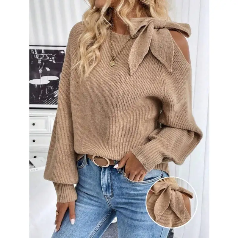

C 53268 Pure Color Asymmetric Knot oulder Long Sve Knitted Sweater for Women Ciwalk Collar Nine Points Sve Coo...