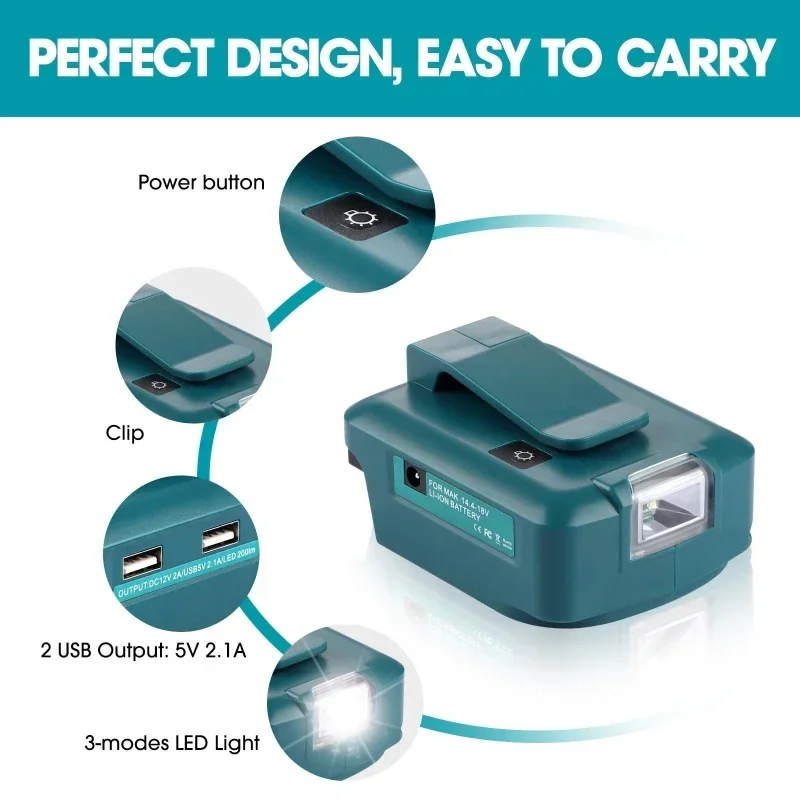 Replacement ADP05 Power Source Dual USB Charger Adapter for Makita LXT Lithium-Ion Battery 14.4V 18V Converter with LED Light