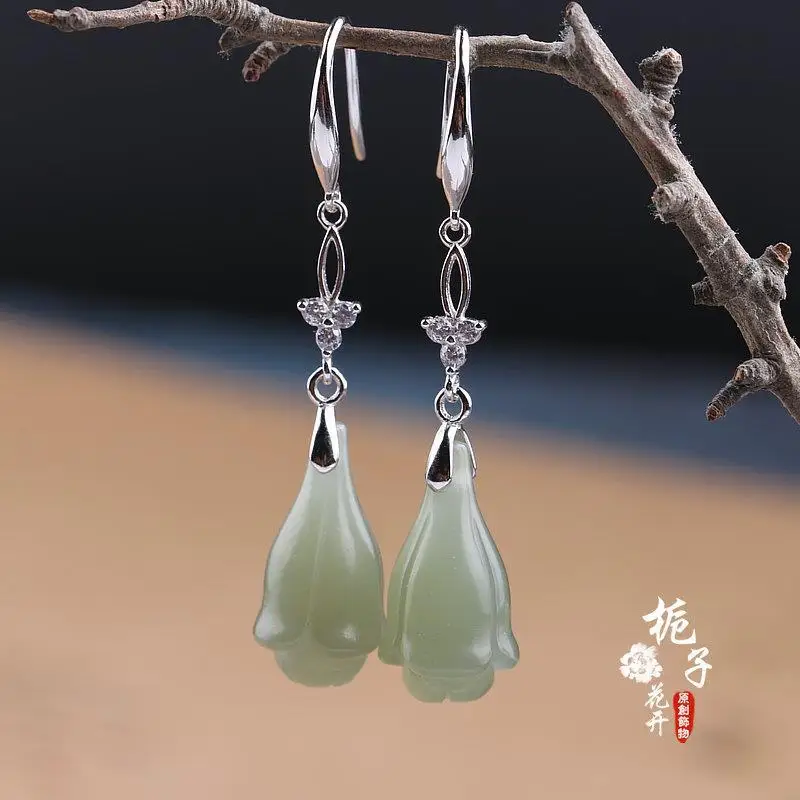 

Cardamom Blossom Style。S925Sterling Silver Earrings Hetian Jade Magnolia Flower Earrings Classical Original Design Ear Jewelry