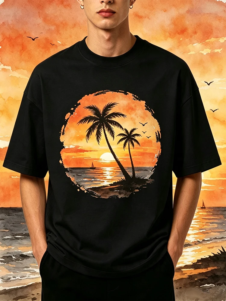 Short T-shirt for Men Beautiful Sunset Coconut Tree Scene Print Breathable Cool Beach T-Shirt Man Tees Soft  Street Sports Wear