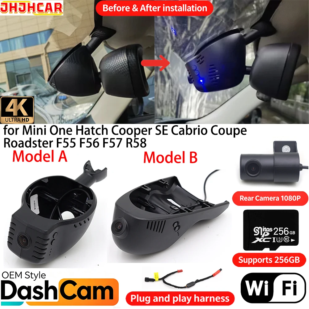 for Mini One Hatch Cooper SE Cabrio Coupe Roadster F55 F56 F57 R58 Wifi DVR 4K Dash Cam Front Rear Camera Vision Video Recorder