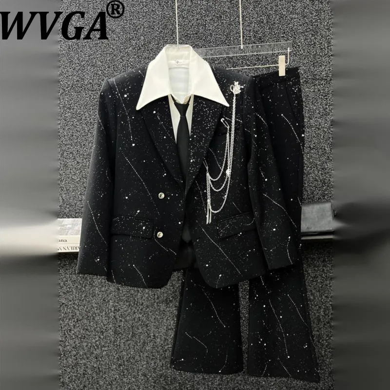

WVGA Spring Autumn New Men Tide Starry Sky Gold-stamped Trendy Metal Chain Blazer Niche Chic Casual Flared Pants Sets Ins W15847