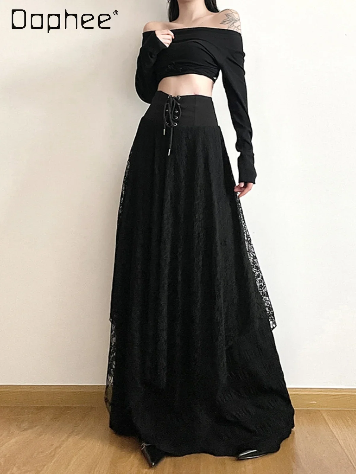 

Black Long Skirt Gothic High Waist Bandage Lace Irregular A Line Maxi Skirt Y2k Female Trendy 2025 Spring New Fashion