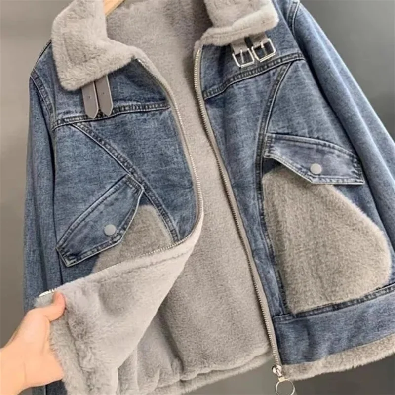 Faux Mink Velvet Stitching Denim Jacket Women's Fleece-padded Jackets Loose Jean Coats Lady Casual Warm Outerwear Autumn Winter