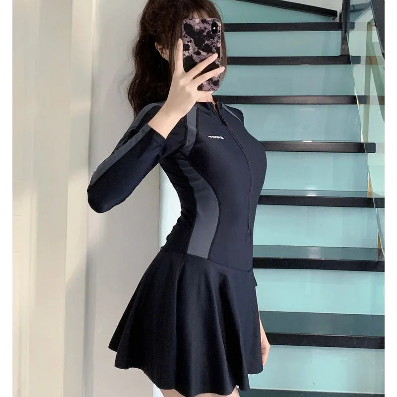 Long Sleeve Zipper One-piece Skirt Swimsuit Women Conservative Thin Slightly Fat Sexy Black Exclusive Swimming Pool Swimwear