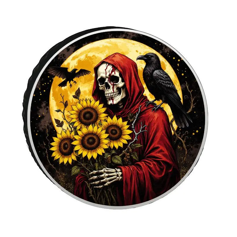 Gothic Skull Sunflower Crow Moon Personality Tire Cover, Polyester Dustproof Sunscreen Universal Car Spare Tire Cover, Halloween