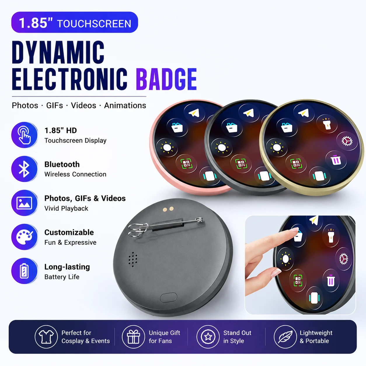 1.85" Touchscreen Dynamic Electronic Badge,Bluetooth Digital Display Pin for Photos GIFs Videos, Anime LED E-Badge for Cosplay