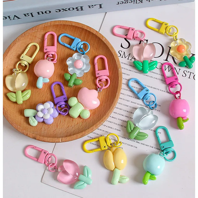 Sweet Colorful Jelly Flower Key Chain Color DIY Flower Cute Keychains Pendant Student Girls Resin Bag Pendant Keyring Jewelry