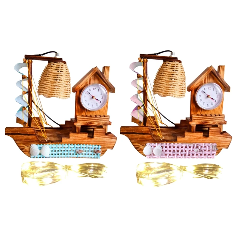 Sailboat Woodiness Lamp Clock With A Clock With Warming Light Strings Multi-Functional Electronic Clock