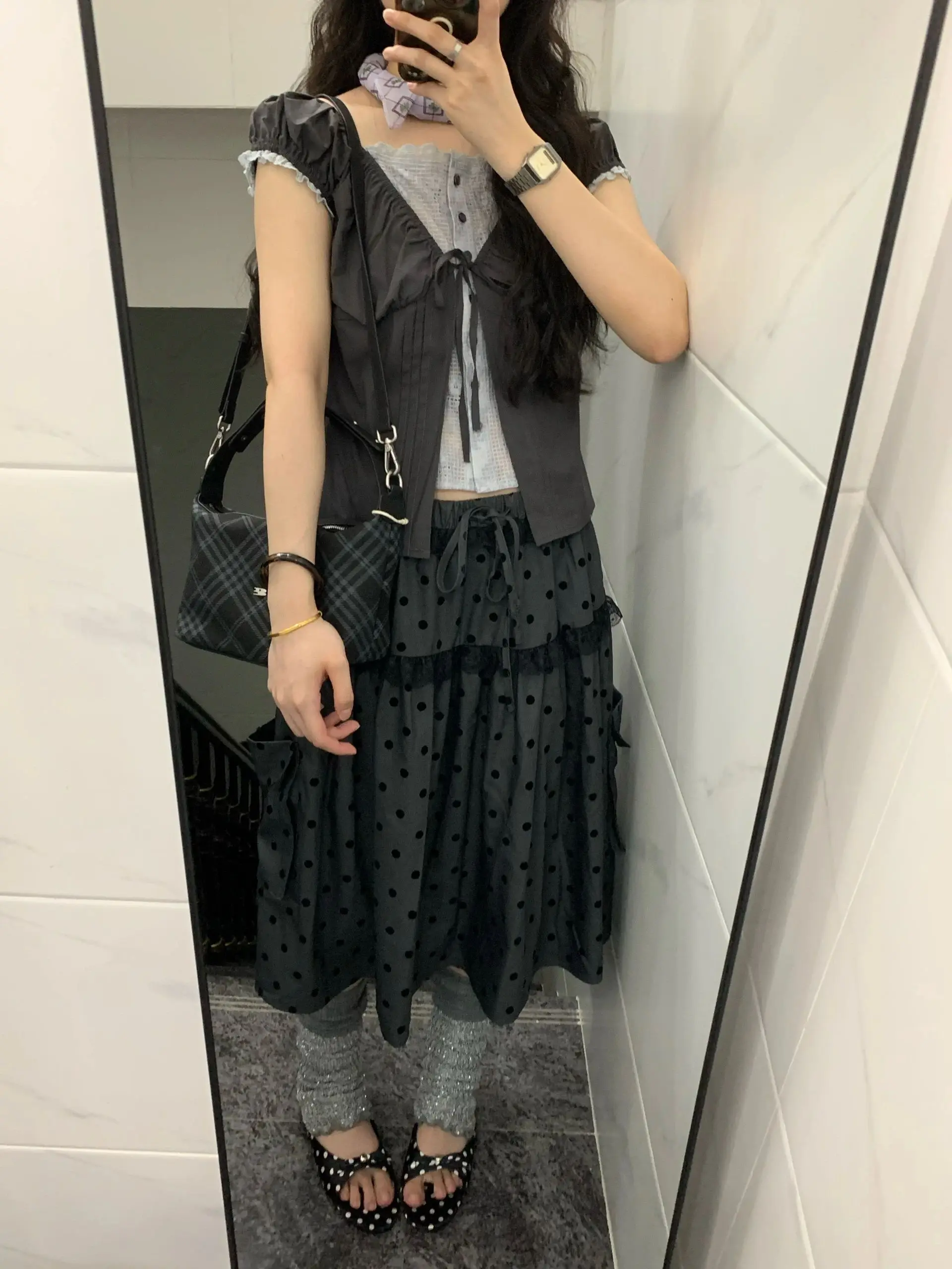 Setelan Atasan dan Rok Vintage Motif Polka Dot untuk Musim Panas, Model Patchwork, Busana Wanita Kasual, Bahan Campuran Poliester yang Nyaman dan Bernapas