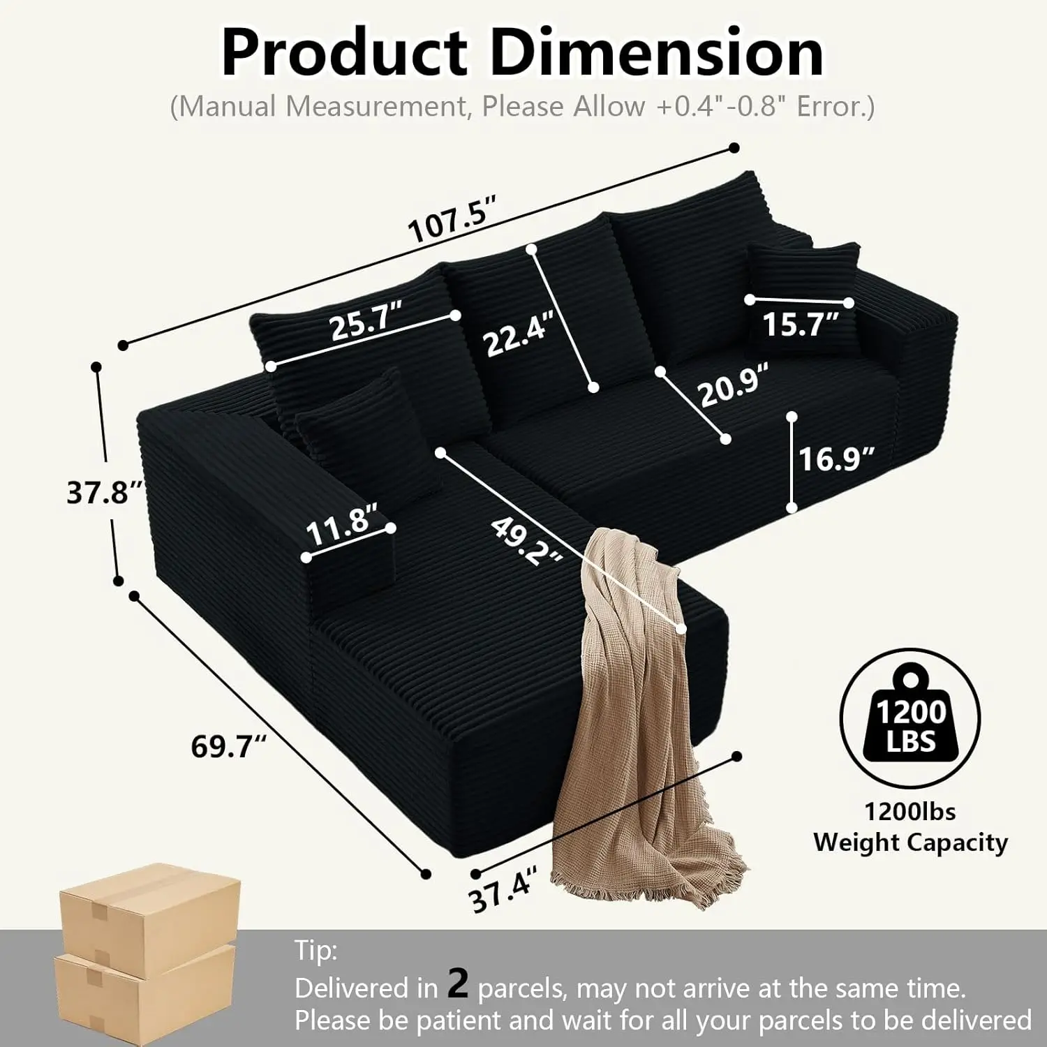 

107" Cloud Sectional Couch with L-Shape Chaise, Modern Modular Comfy Sofa with Deep Seat, Upholstered Corduroy Couches Sleeper