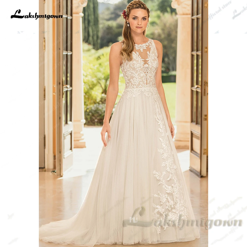 

Lakshmigown O-Neck Lace Applique Wedding Dress A-Line Tulle Sweep Train Sleeveless Bridal Gown Customized vestido novia boho chi