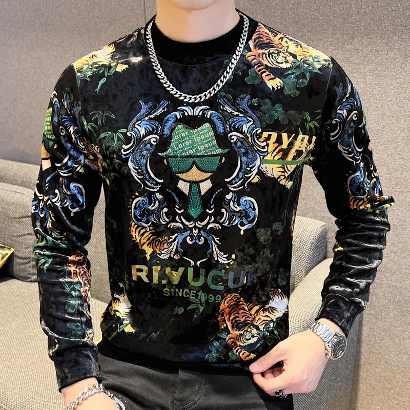 European Style Rhinestone T Shirt For Men Long Sleeve Print Slim Autumn High Quality Velvet Soft Comfortable Camisetas De Hombre