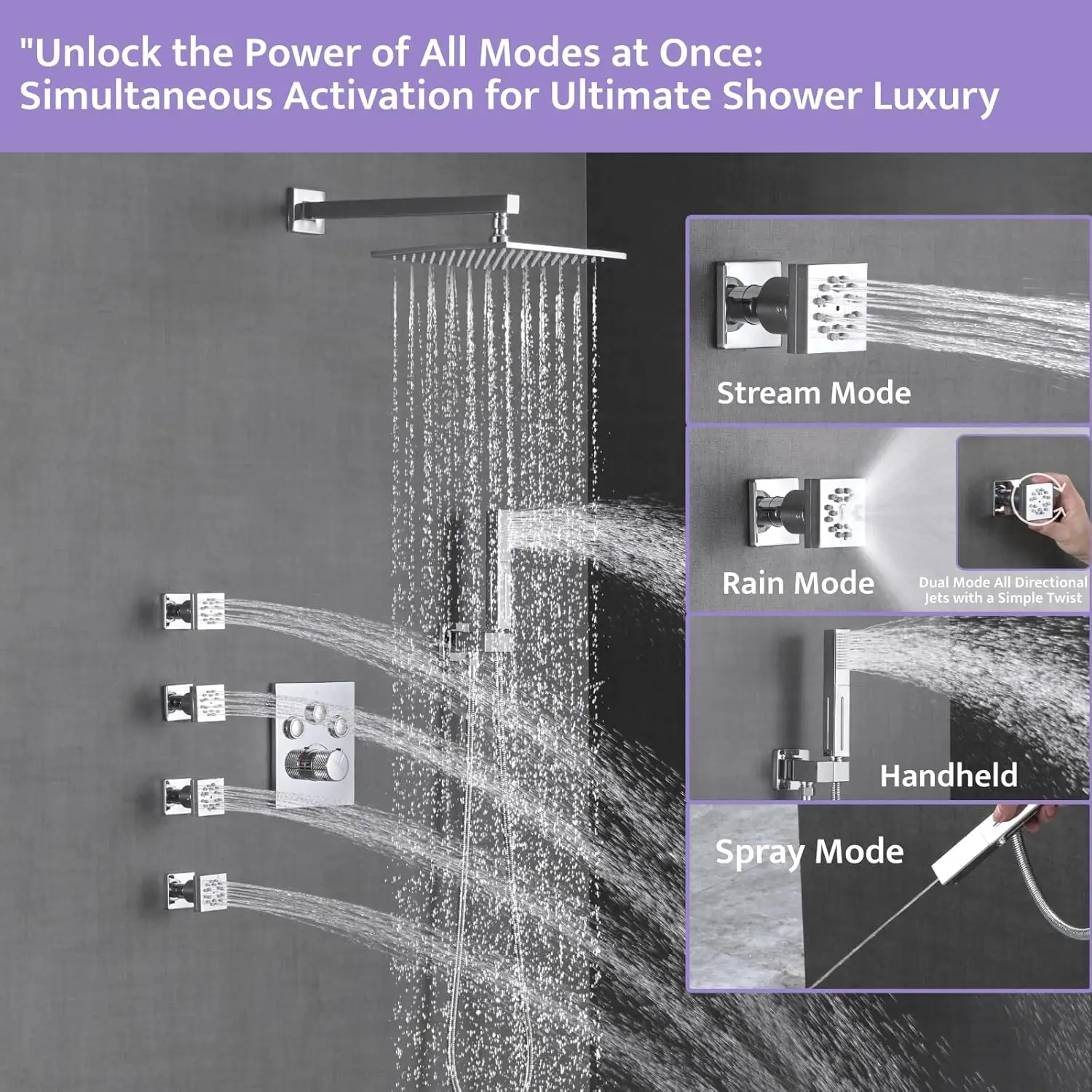 Thermostatic Shower System With 4Pcs Body Jets Chrome, Push Button Diverter Shower Faucet With 2 In 1 Handheld, Wall Mount 10