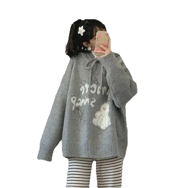 Suéter gris con capucha de punto de dibujos animados para mujer estilo perezoso Otoño Invierno nuevo jersey suelto versátil de manga larga Top