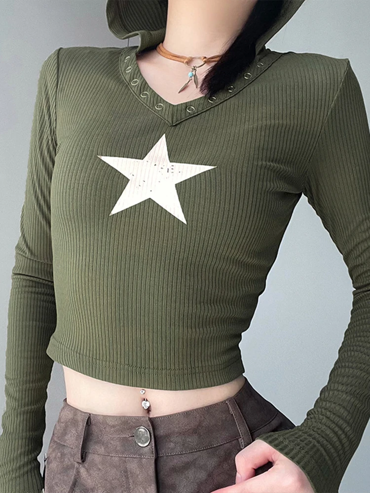 

Hooded T Shirt Women Spring Long Sleeve Casual Slim Y2K Tops 90s American Retro Green Knitted Crop Top Star Graphic Skinny Tees