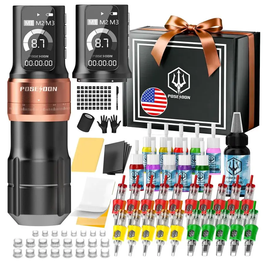 

Набор для татуировки: беспроводная машинка с 7 регулируемыми длинами ходов, 2 аккумулятора по 2300 мАч, блок питания, 11 цветов тату-чернил, 20 игл для татуировки