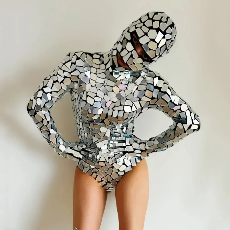 Kombinezon lustrzany damski strój taneczny dla zespołu scenicznego, kostium do tańca jazzowego w stylu technologii przyszłej, cekinowy trykot z rękawiczkami.