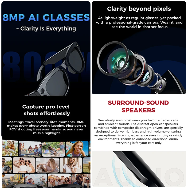 2025 novo 800w hd óculos inteligentes proteção uv assistente de voz controle de toque mãos-livres som surround música local óculos inteligentes