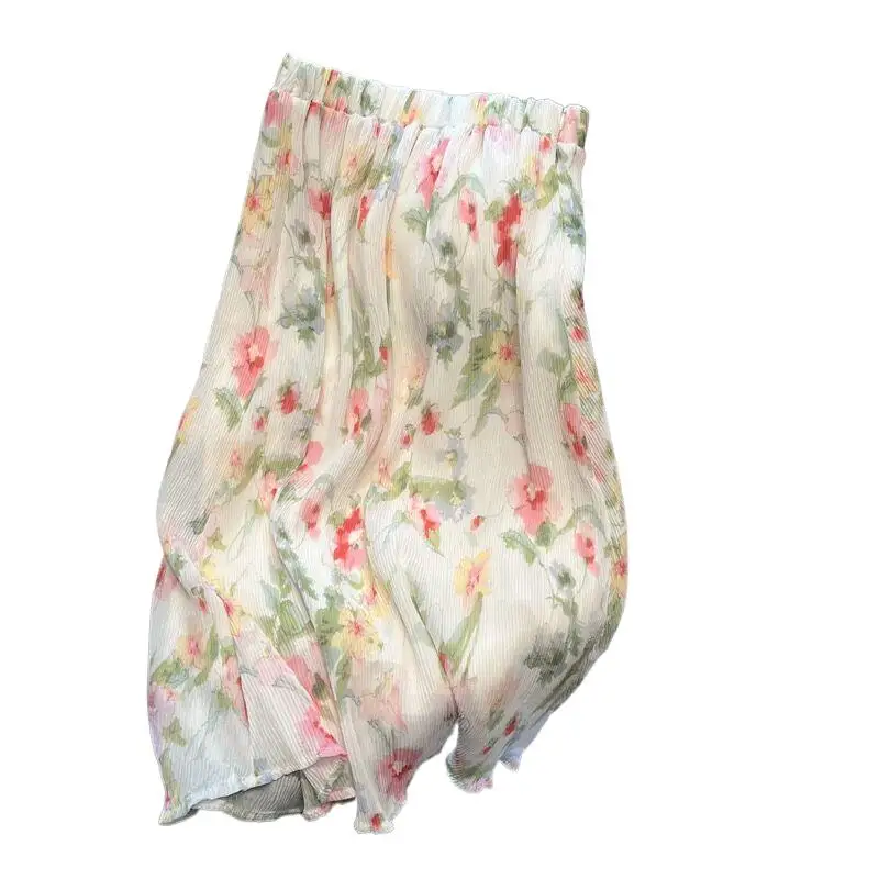 

Spring Women Chiffon Medium Length Hot Selling Sweet French Print Loose Elastic Waist Skirt Vintage Temperament A-line Vestidos