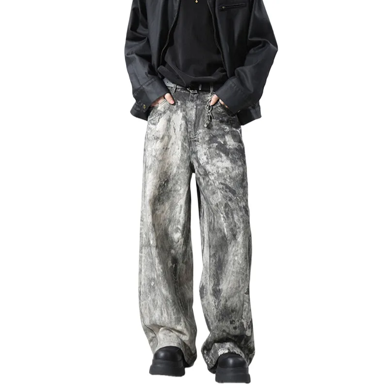 Man Jeans  2026 Spring Ink Splash Women Denim Pants Jeans Unsiex Distressed Printed Stylish Loose High Waist Wide Leg Pants