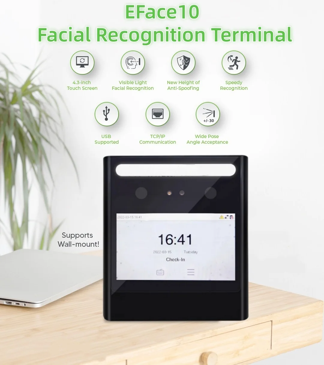 

EFace10 Visible Light Facial Recognition Access Control System Touchless Time Attendance Machine RFID Reader Dynamic Face Scan