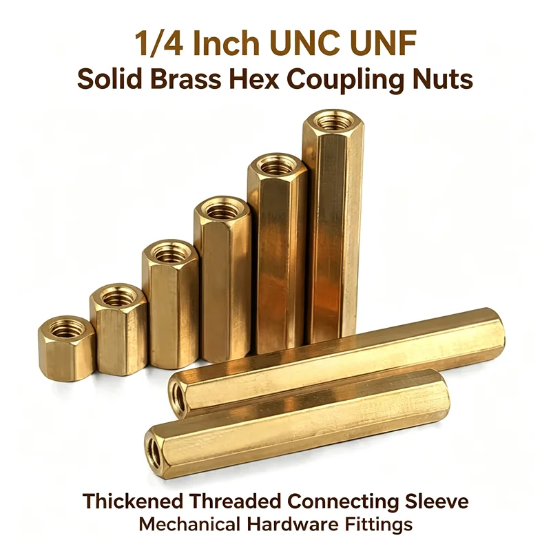 1/4 Inch UNC UNF Solid Brass Hex Coupling Nuts Thickened Threaded Connecting Sleeve Mechanical Hardware Fittings
