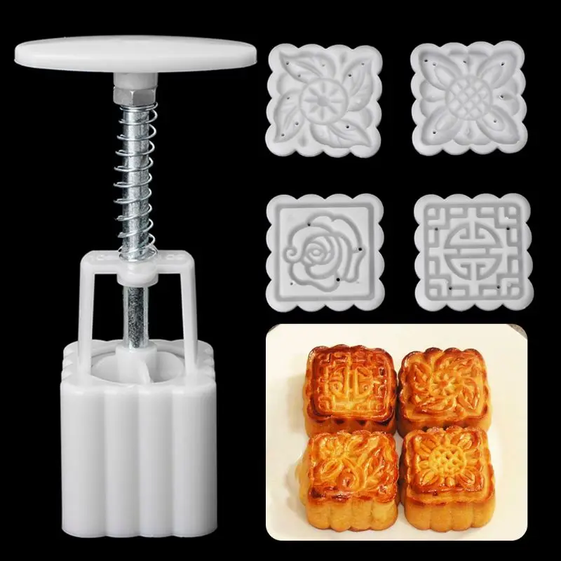 50g Moon Cake Mold 6 Stamps Square Barrel Mooncake Hand Pressure Pastry Mould DIY Bakware Mid-autumn Festival