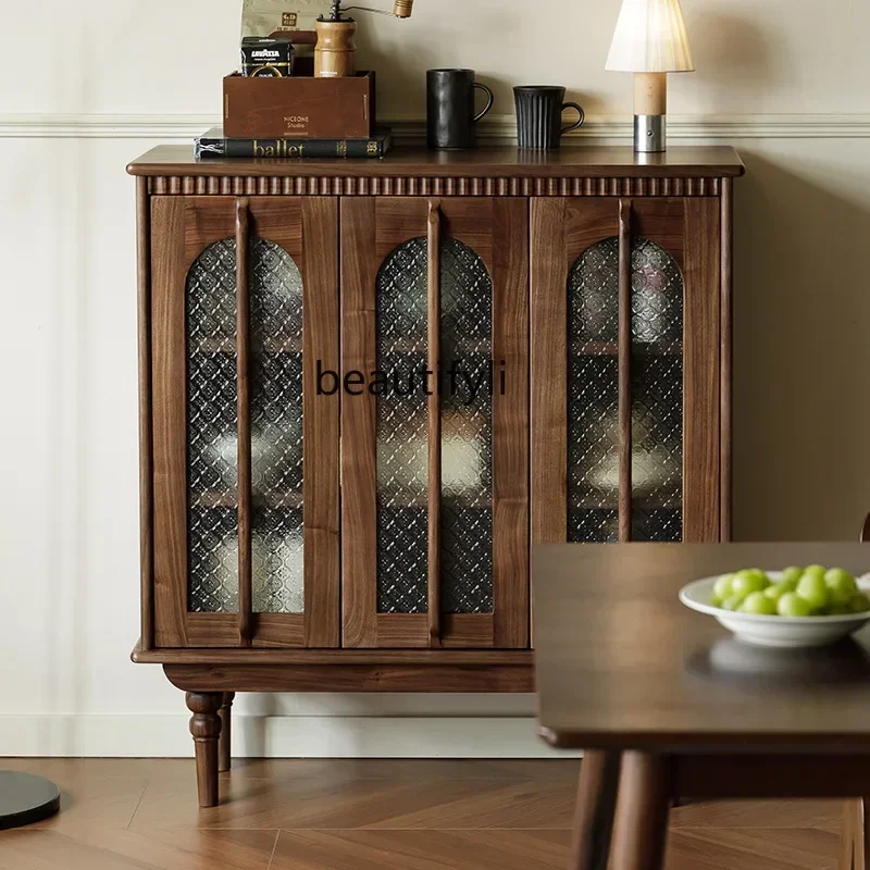 

North American black walnut solid wood French retro display cabinet living room medieval vertical cabinet sofa TV side cabinet07