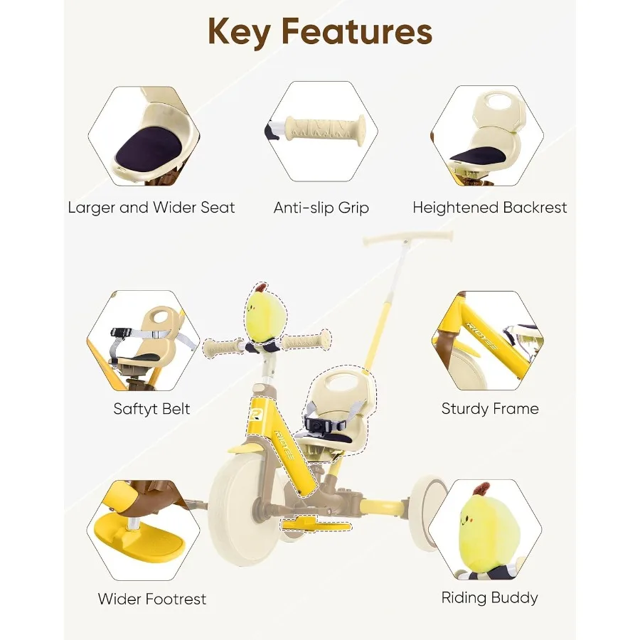 1.5세부터 3세까지 사용 가능한 5-in-1 유아용 세발자전거, 부모가 밀어주는 자전거, 도구 없이 변형 가능한 밸런스 바이크, 안전벨트 탈부착 가능