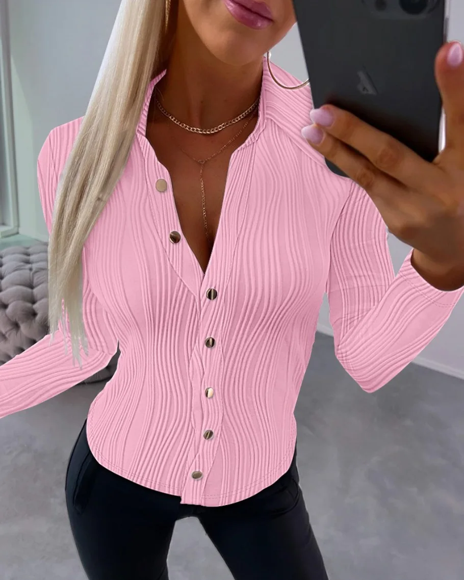 Women\'s Autumn New Long Sleeved Sexy V-neck Solid Color Women\'s Shirt Single Breasted Shirt Casual Office Women\'s Wear