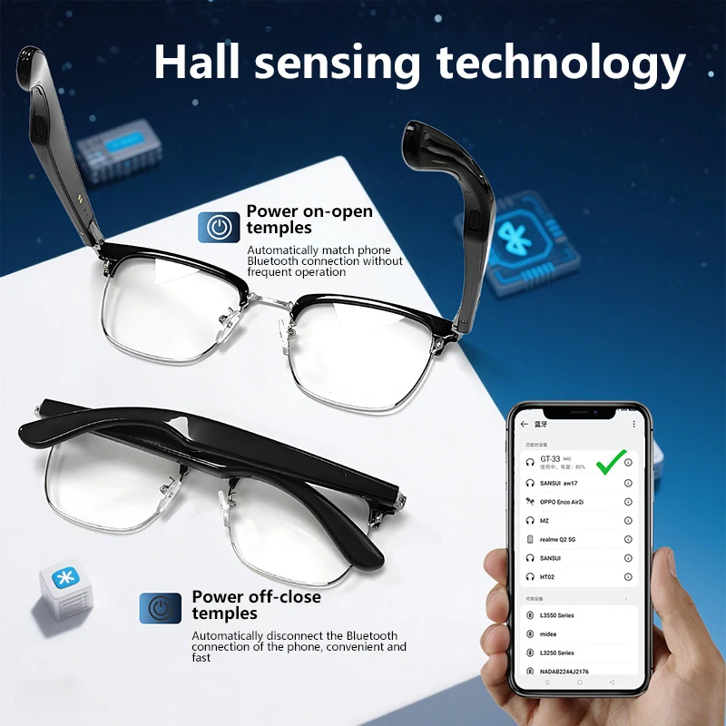 

GT33 Автоматическое включение/выключение Bluetooth-очки Металлическая пружинная петля Умные очки AI для прослушивания музыки и изготовления вызовов Новые