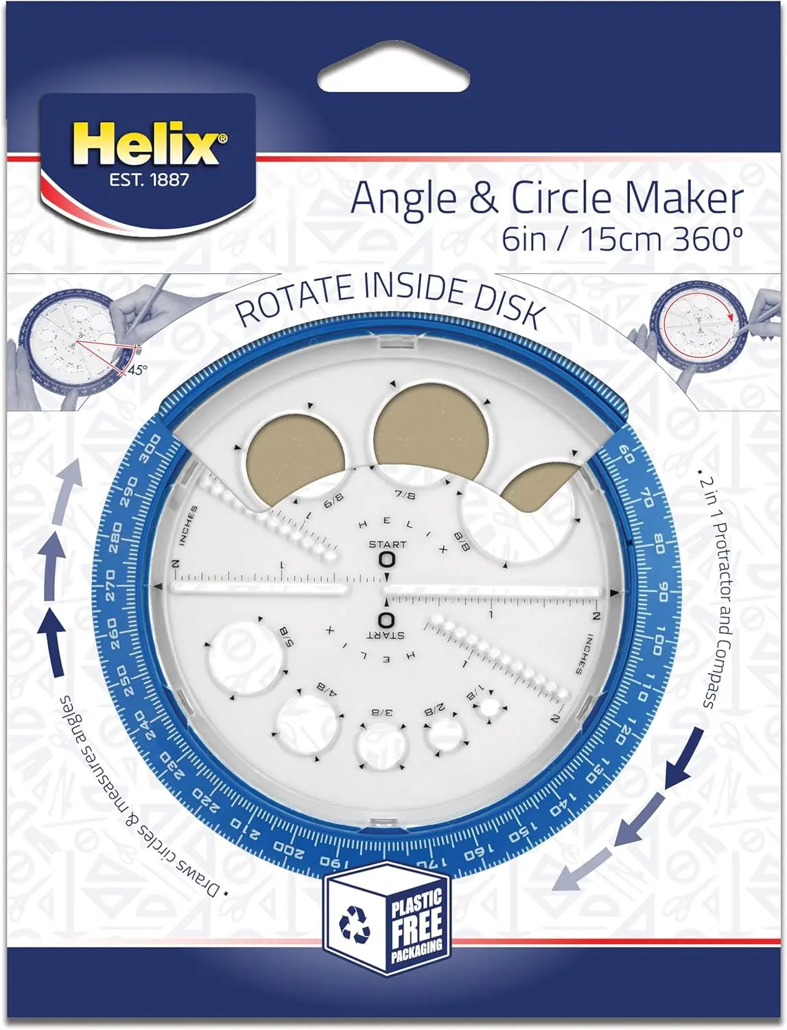 

2-in-1 Angle & Circle Maker, 360° Rotating, 6in/15cm, Assorted Colors