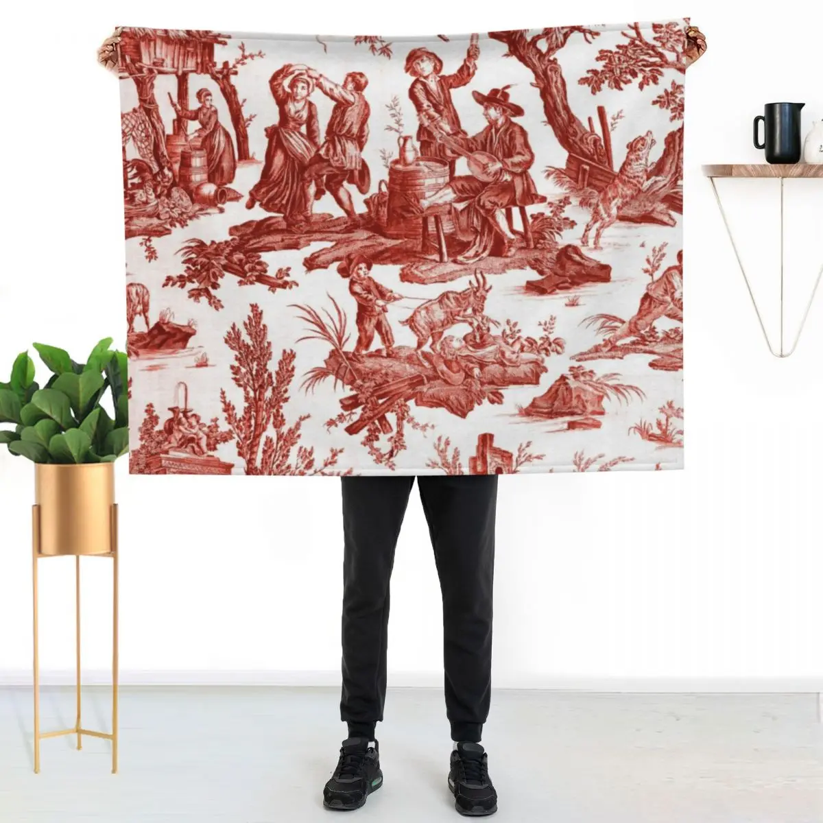 

Red and White Toile de Jouy Throw Blanket Luxurious Soft Fuzzy Blanket for Sofa Bed