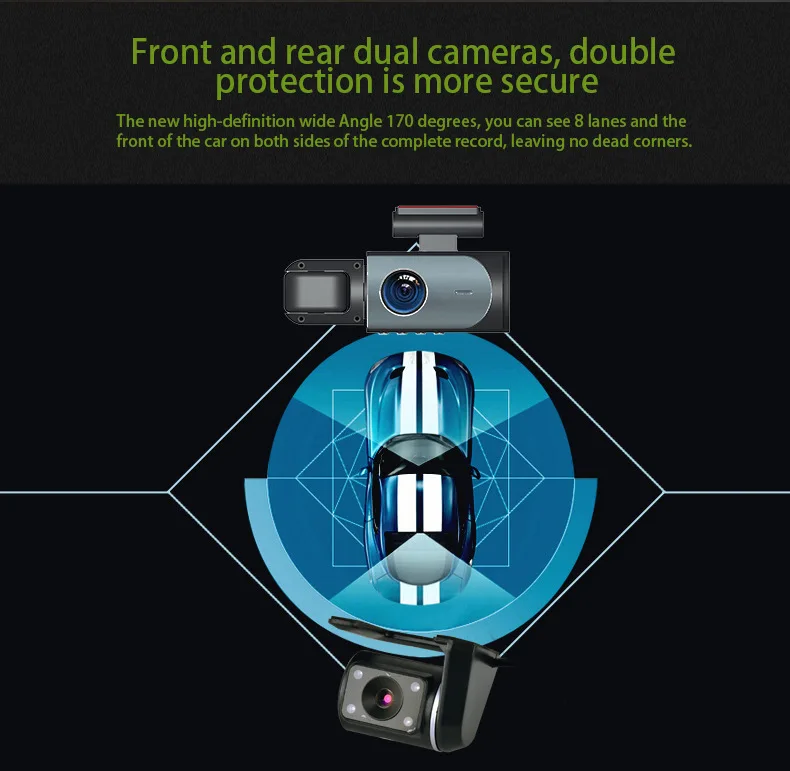 Three Channel 1080P Car DVR Dash Cam, Triple Lens Car Camera with WiFi, Loop Recording G-Sensor Night Vision Recorder