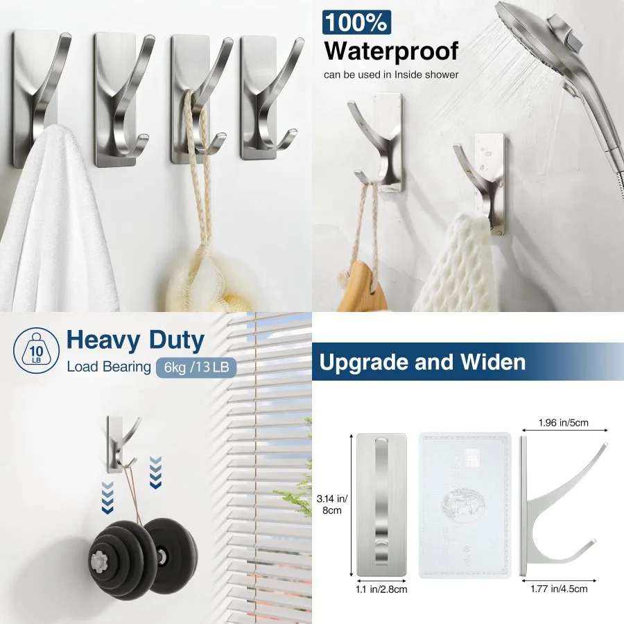 

Самоклеящиеся крючки для полотенец для душа в ванной: сверхпрочные крючки из нержавеющей стали объемом 13 фунтов с отделкой из матового никеля Идеально подходят для хань