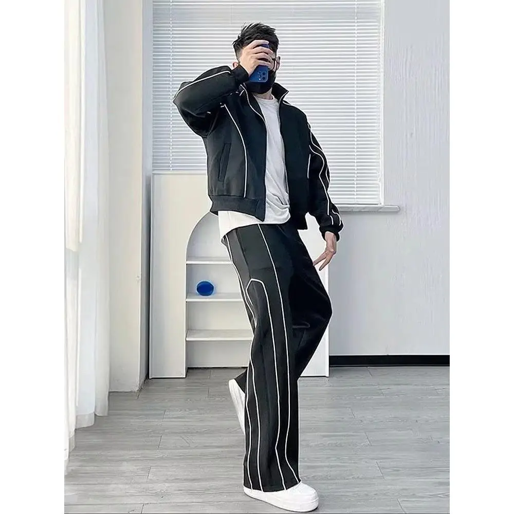 

Casual Sportswear Set for Men Spring Autumn New Trendy Brand Loose Fit Striped Hoodie And Pants Polyester Fiber 100% Long Sleeve