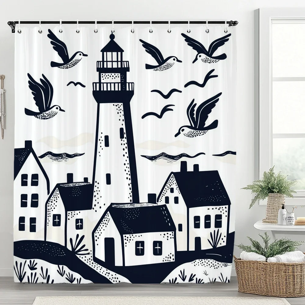 Simple ocean lighthouse style Printing Shower Curtain, Bathroom Decorative Shower Curtain, Waterproof Shower Curtain with Hooks