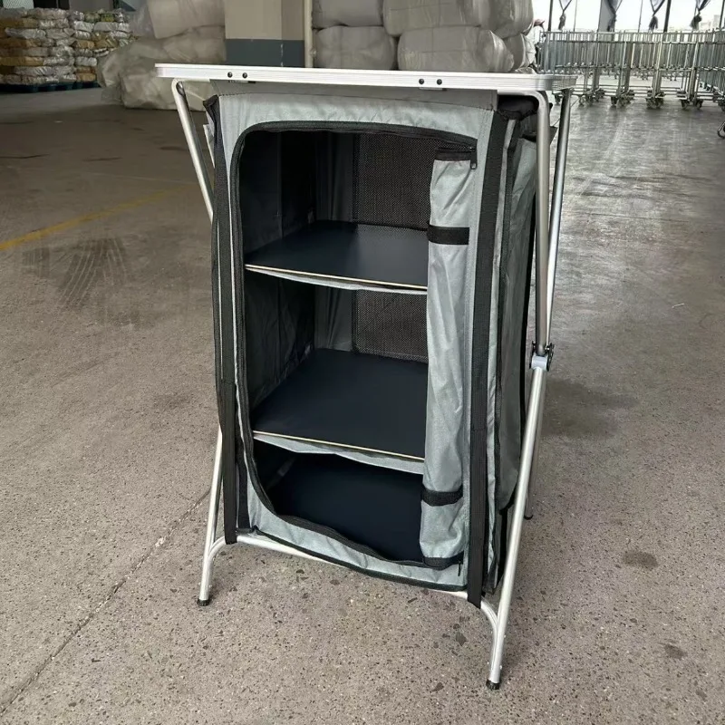 Outdoor folding camping table multi-layer storage cabinet, camping portable multi-functional aluminum alloy dual-purpose table