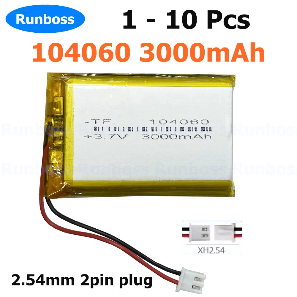 

1-10pcs 3.7V 3000mAh 104060 Lithium Polymer 2.54mm 2pin Battery For Games Console Tablet PC PAD DVD Recorder E-Book Power Bank