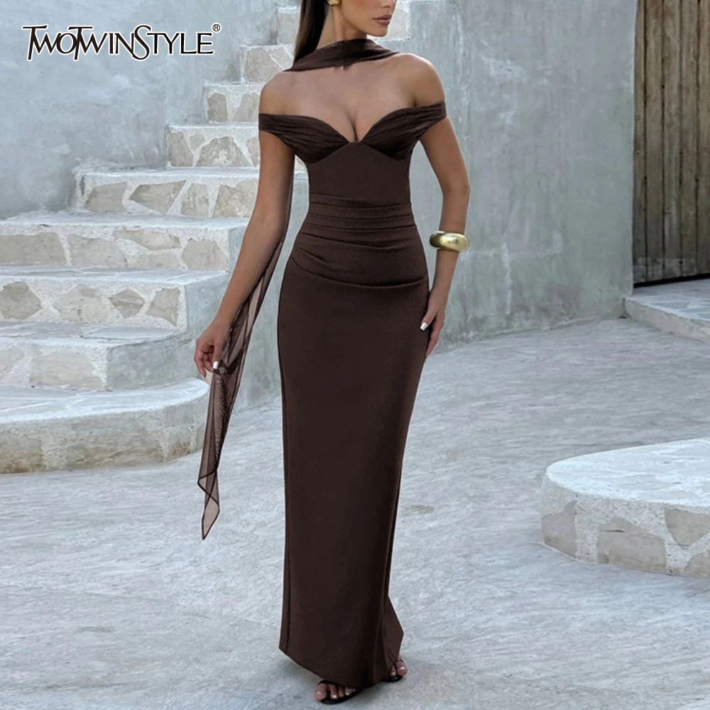 TWOTWINSTYLE เซ็กซี่ Spliced ริบบิ้นชุดผู้หญิง Slash คอปิดไหล่เอวสูงอารมณ์ชุด Bodycon หญิง