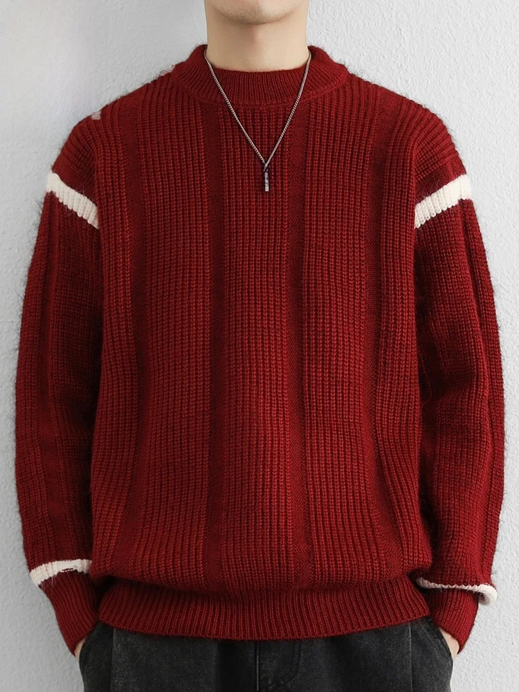 

Красный повседневный вязаный свитер с круглым вырезом, модная мужская одежда весенней коллекции, удобный свободный крой, длинный рукав