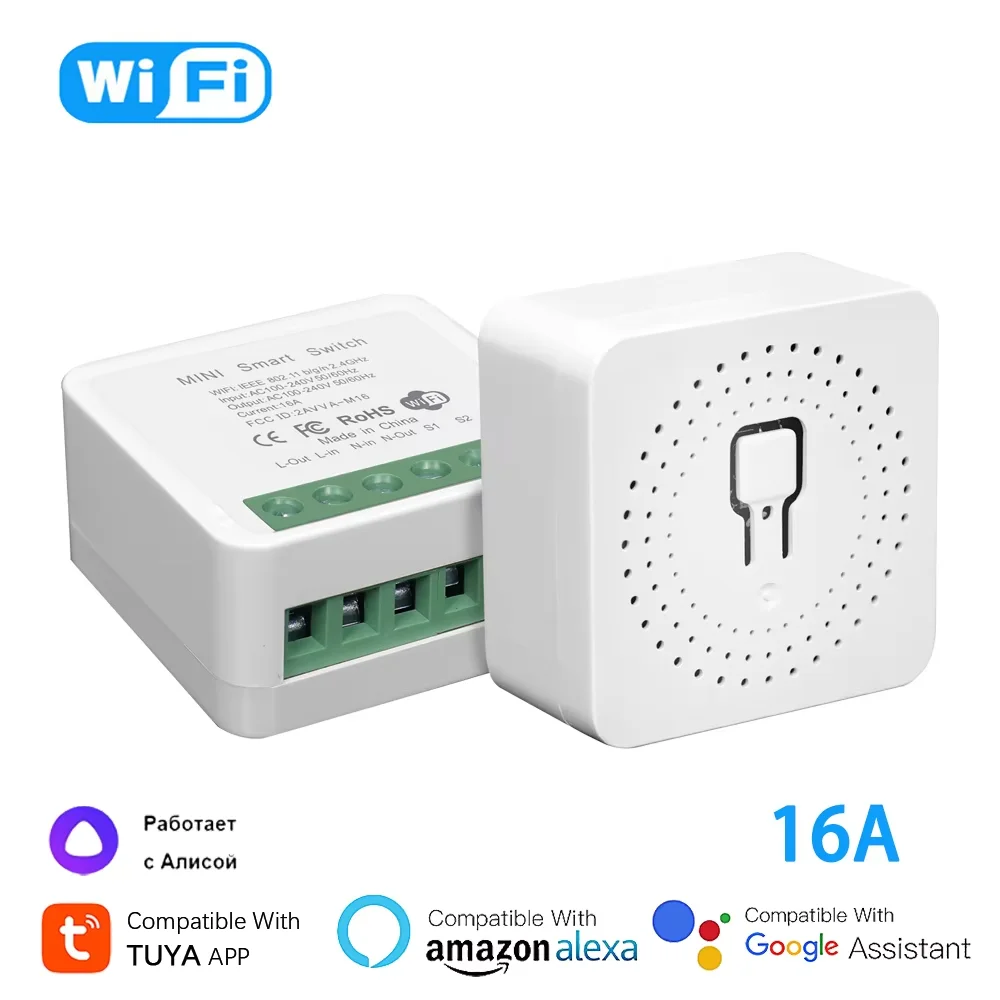 Tuya mini interruptor inteligente luzes domésticas diy controle de 2 vias cronometragem 16a funciona com yandex alice, alexa, google assistente smartlife app