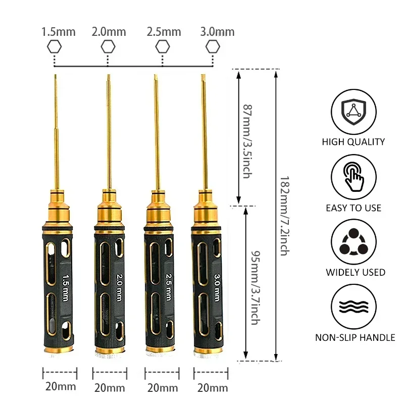 Tournevis hexagonal de placage de titane, kit d'outils pour modèle RC voiture bateau avion, 1.5/2/2.5/3mm, 4 pièces/ensemble