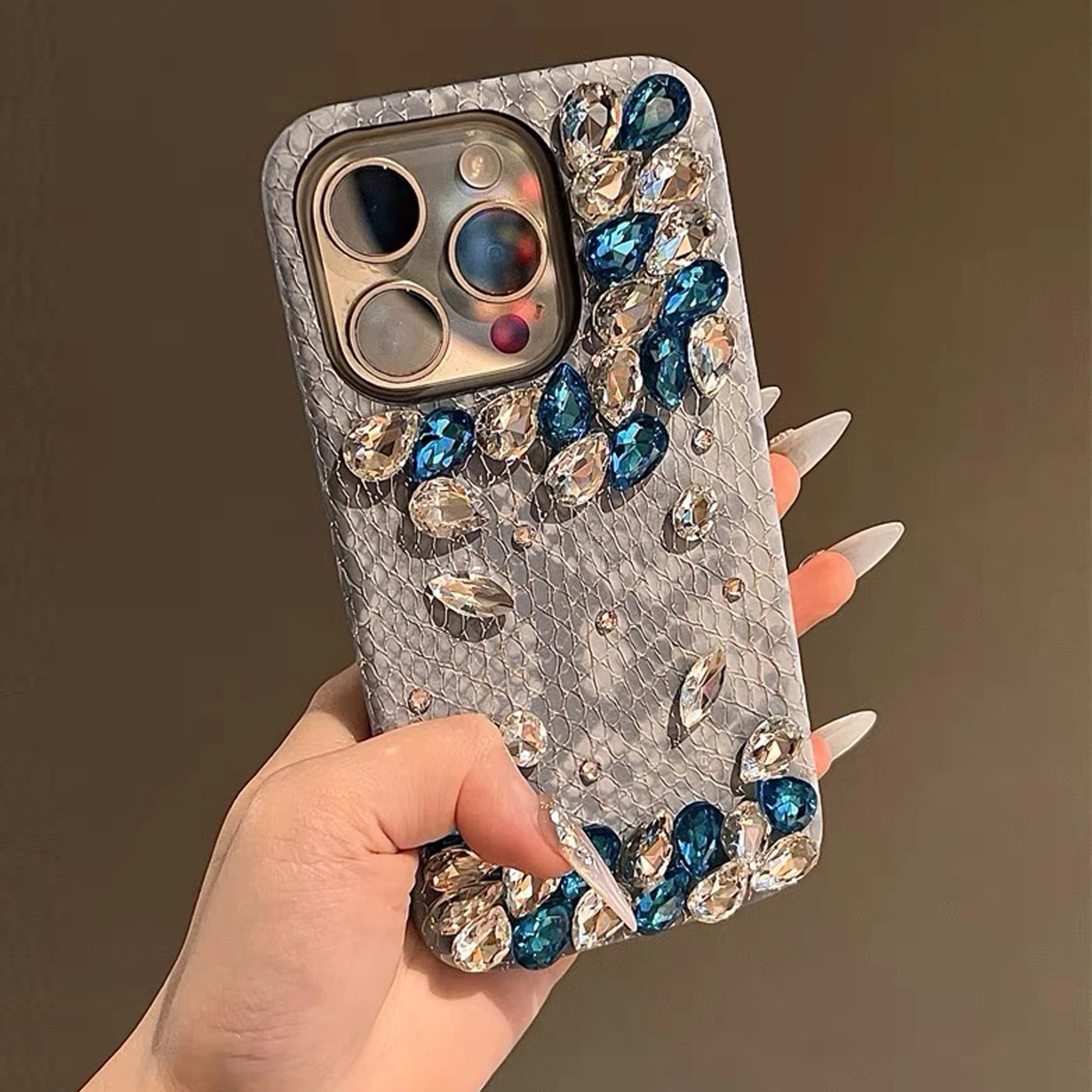 Snake-Print Skin Rhinestone Phone Case For iPhone 15 14 13 12 11 Pro Max Fall-Proof Luxury Girl Phone Case