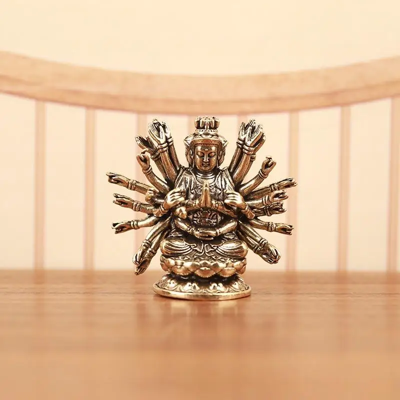 1 Unit Avalokitesvara Guanyin Altar Statue Retro Brass Thousand-hand Bodhisattva Buddha Statue Home Temple Decor Buddhist Gift