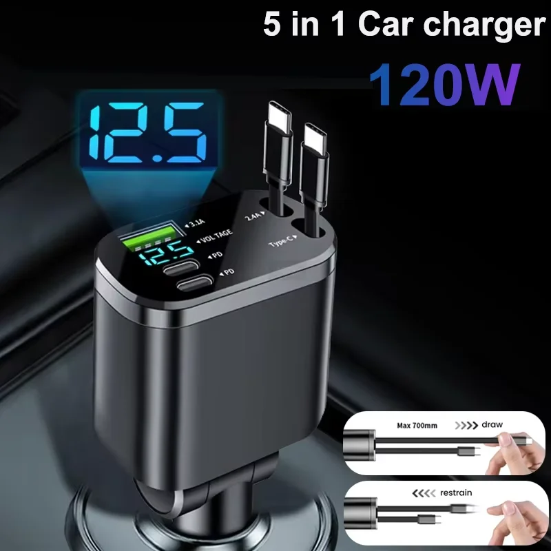 

NEW 2026 Upgraded Retractable Car Charger 5 in 1, PD30W+2.4A Voltage Display Dual Cables for iPhone & Android 69W Fast Charging