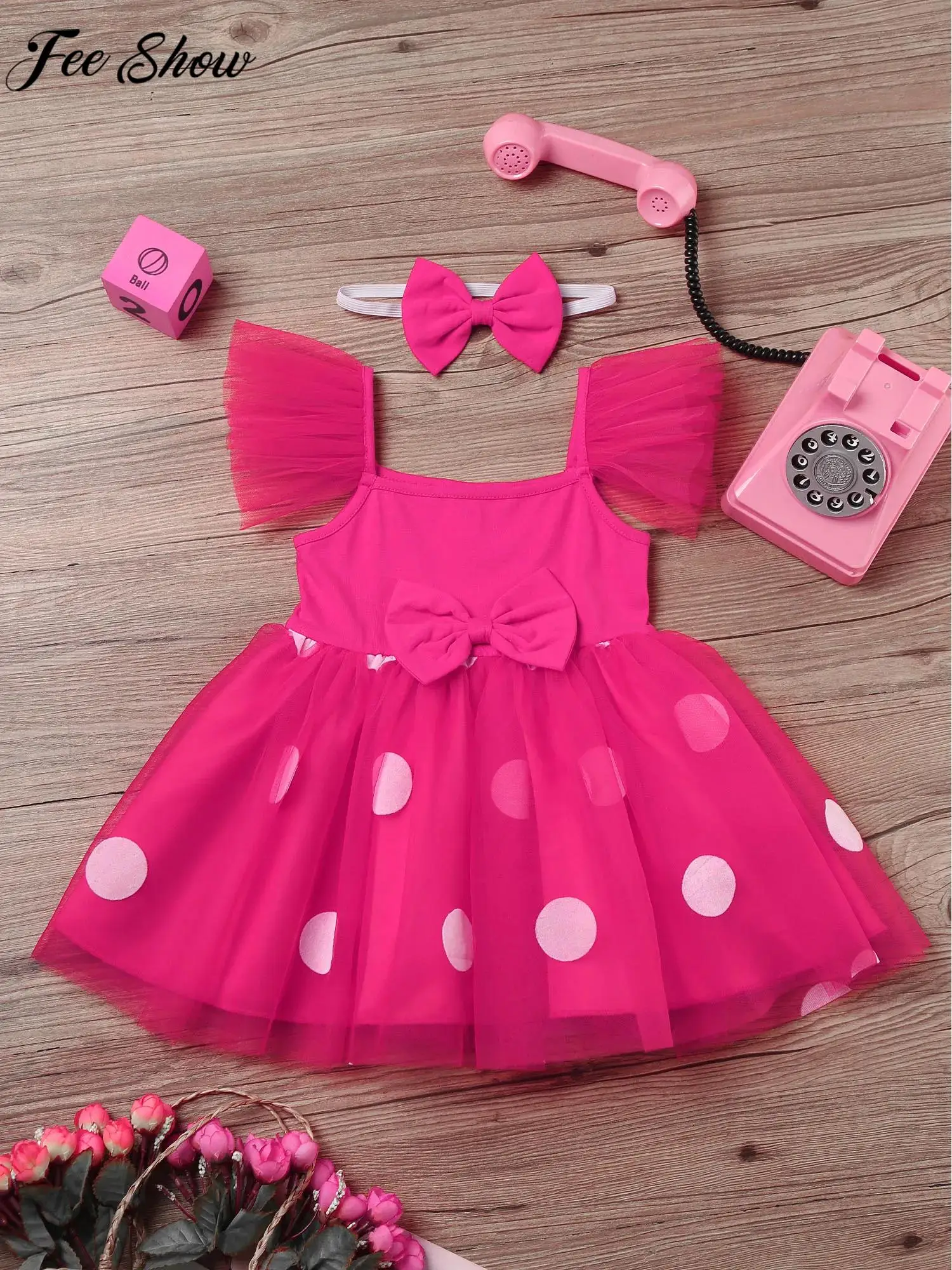 

Baby Girls Summer Sweet Fly Sleeve Polka Dot Mesh Tutu Princess Dress with Headband Baptism Birthday Party Cake Smash Ball Gown