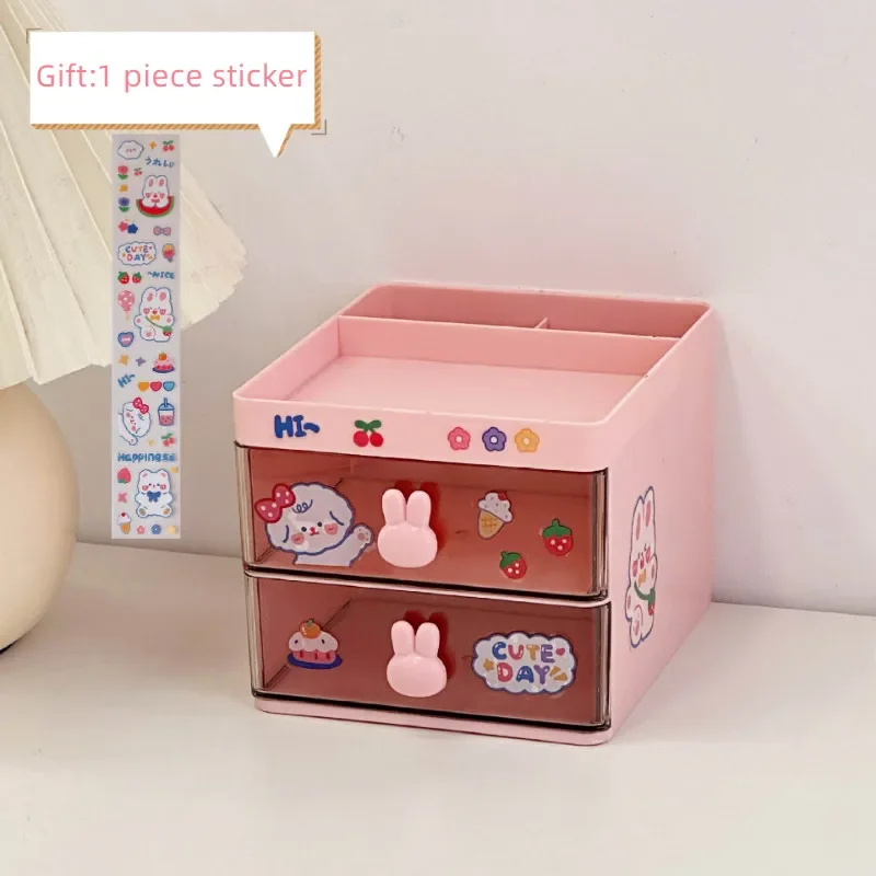 Kawaii Desktop Stationery Storage Box Organizer Drawer Pen Holder Makeup Cosmetic Plastic Drawer Storage Box Desk Organizer Cute