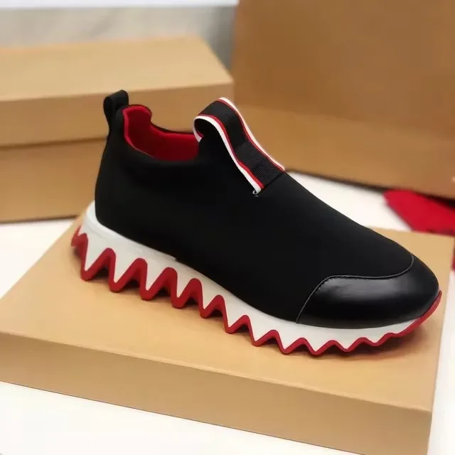 Paris Designer Men Sneakers Black Calf leather&Suede zigzag sole openwork heel Red Sole Rivet Shoes Brand Classic Luxury Shoes